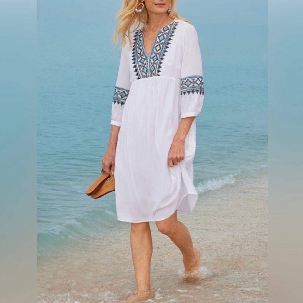 Soft Surroundings Boho Dress Size 2X White Embroidered Details 3/4 Sleeve Lined - Picture 8 of 13